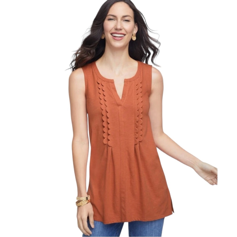 Talbots Women's Medium Petite Scallop Trim Split‎ Neck Tunic Sleeveless Tank